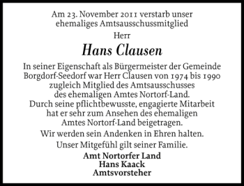 Traueranzeige von Hans Clausen von Landeszeitung