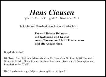 Traueranzeige von Hans Clausen von Landeszeitung
