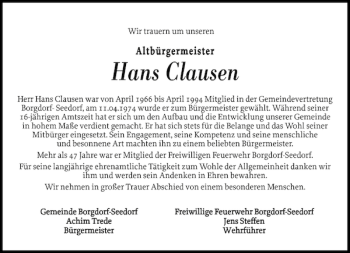 Traueranzeige von Hans Clausen von Landeszeitung