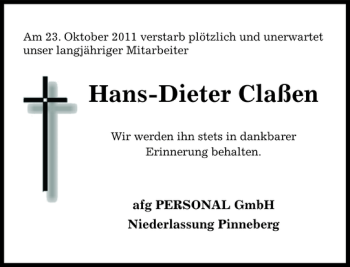 Traueranzeige von Hans-Dieter Claßen von Pinneberger Tageblatt