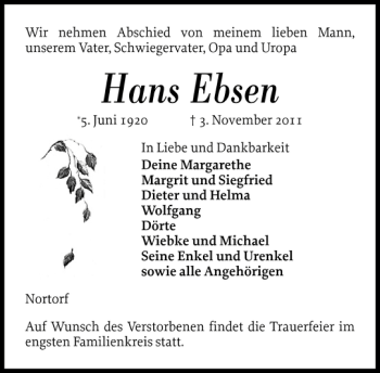 Traueranzeige von Hans Ebsen von Landeszeitung