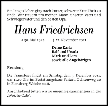 Traueranzeige von Hans Friedrichsen von Flensburger Tageblatt