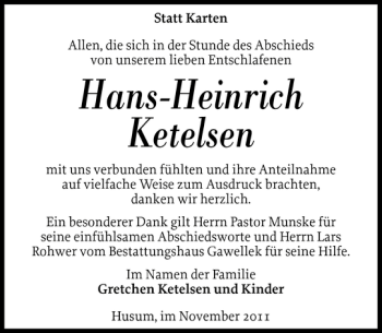Traueranzeige von Hans-Heinrich Ketelsen von Husumer Nachrichten