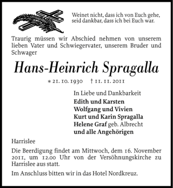 Traueranzeige von Hans-Heinrich Spragalla von Flensburger Tageblatt