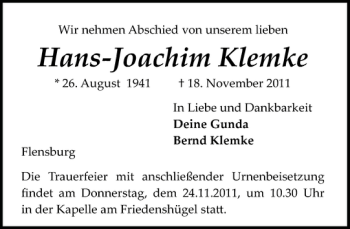 Traueranzeige von Hans-Joachim Klemke von Flensburger Tageblatt