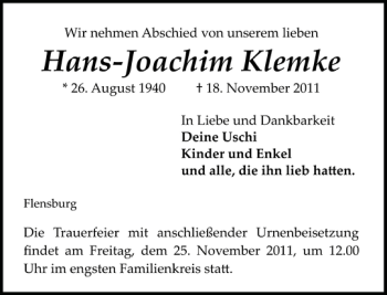Traueranzeige von Hans-Joachim Klemke von Flensburger Tageblatt