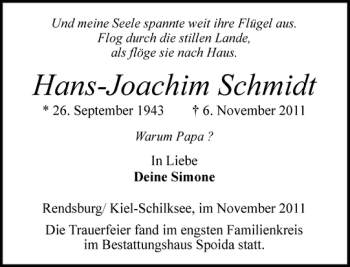 Traueranzeige von Hans-Joachim Schmidt von Landeszeitung