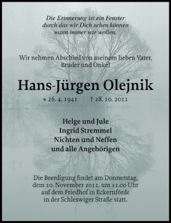 Traueranzeige von Hans-Jürgen Olejnik von Eckernförder Zeitung