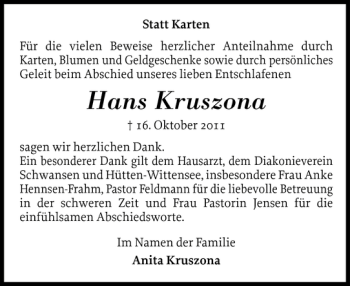 Traueranzeige von Hans Kruszona von Eckernförder Zeitung