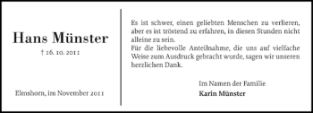 Traueranzeige von Hans Münster von Elmshorner Nachrichten