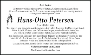 Traueranzeige von Hans-Otto Petersen von Husumer Nachrichten