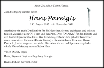 Traueranzeige von Hans Pareigis von Landeszeitung