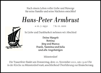 Traueranzeige von Hans-Peter Armbrust von Norddeutsche Rundschau