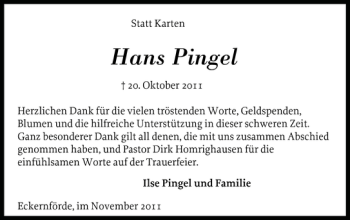 Traueranzeige von Hans Pingel von Eckernförder Zeitung