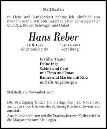 Traueranzeige von Hans Reber von Landeszeitung