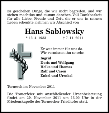 Traueranzeige von Hans Sablowsky von Pinneberger Tageblatt