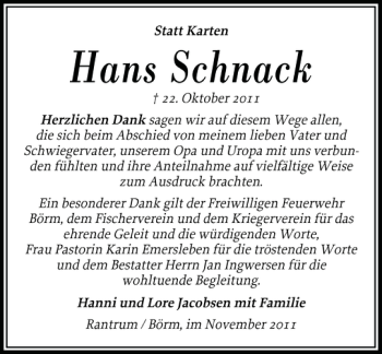 Traueranzeige von Hans Schnack von Husumer Nachrichten