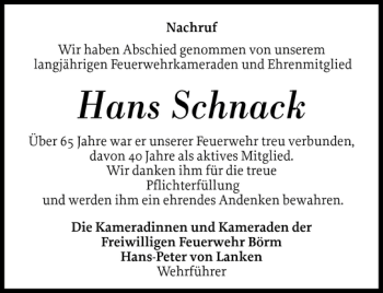 Traueranzeige von Hans Schnack von Husumer Nachrichten