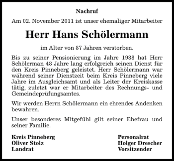 Traueranzeige von Hans Schölermann von Pinneberger Tageblatt