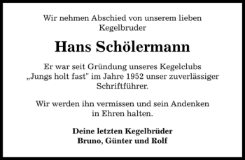 Traueranzeige von Hans Schölermann von Pinneberger Tageblatt