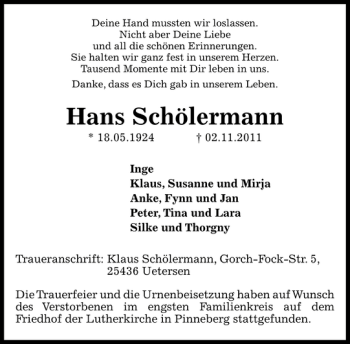 Traueranzeige von Hans Schölermann von Pinneberger Tageblatt