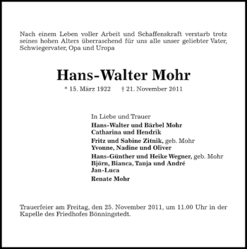 Traueranzeige von Hans-Walter Mohr von Pinneberger Tageblatt
