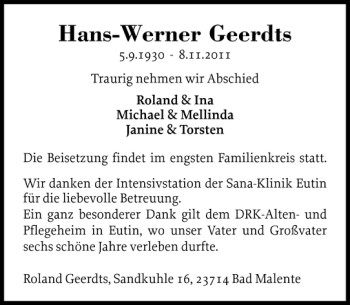 Traueranzeige von Hans-Werner Geerdts von Ostholsteiner Anzeiger