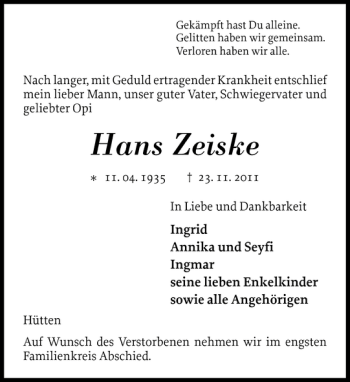 Traueranzeige von Hans Zeiske von Eckernförder Zeitung