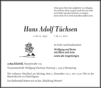 Traueranzeige von Hans Adolf Tüchsen von Husumer Nachrichten