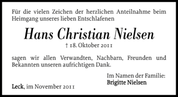 Traueranzeige von Hans Christian Nielsen von Nordfriesland Tageblatt