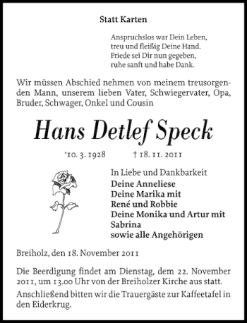 Traueranzeige von Hans Detlef Speck von Landeszeitung