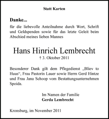 Traueranzeige von Hans Hinrich Lembrecht von Landeszeitung