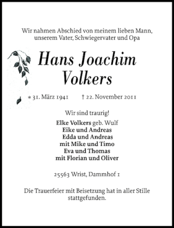 Traueranzeige von Hans Joachim Volkers von Norddeutsche Rundschau