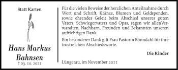 Traueranzeige von Hans Markus Bahnsen von Flensburger Tageblatt