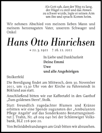 Traueranzeige von Hans Otto Hinrichsen von Schleswiger Nachrichten