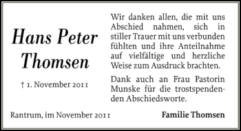 Traueranzeige von Hans Peter Thomsen von Husumer Nachrichten