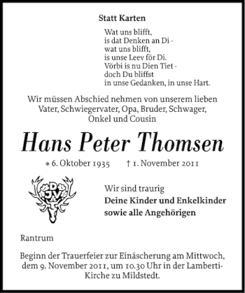 Traueranzeige von Hans Peter Thomsen von Husumer Nachrichten