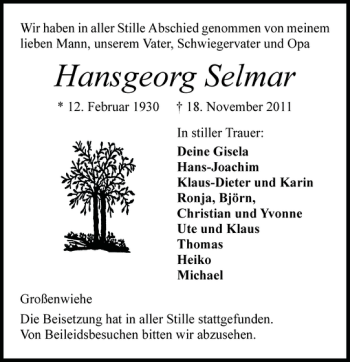 Traueranzeige von Hansgeorg Selmar von Flensburger Tageblatt