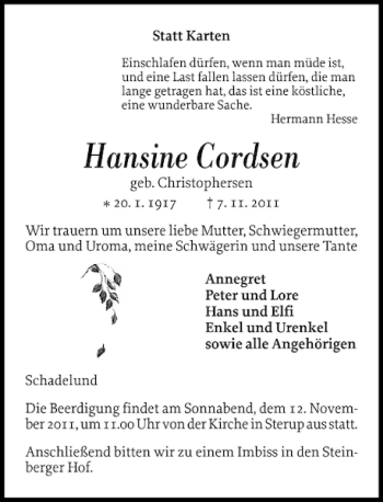Traueranzeige von Hansine Cordsen von Flensburger Tageblatt