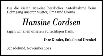 Traueranzeige von Hansine Cordsen von Flensburger Tageblatt