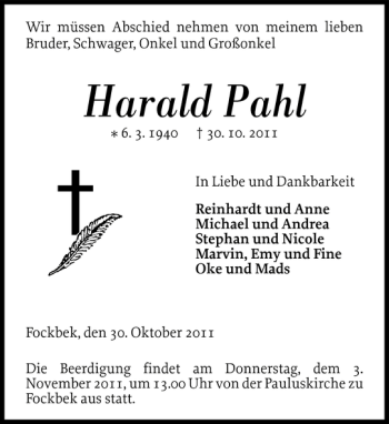 Traueranzeige von Harald Pahl von Landeszeitung