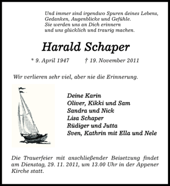 Traueranzeige von Harald Schaper von Pinneberger Tageblatt