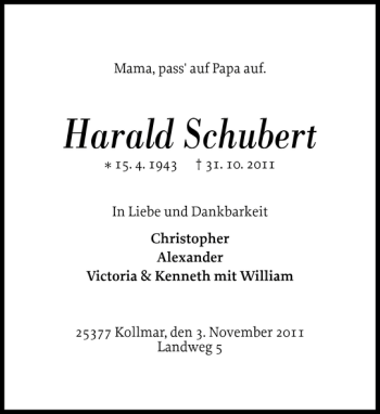 Traueranzeige von Harald Schubert von Norddeutsche Rundschau