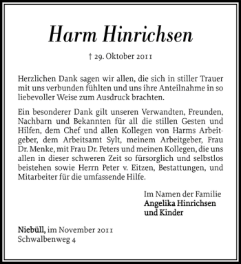 Traueranzeige von Harm Hinrichsen von Nordfriesland Tageblatt