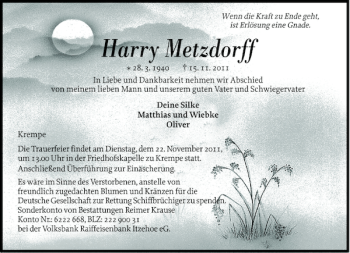 Traueranzeige von Harry Metzdorff von Norddeutsche Rundschau