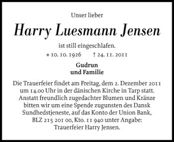Traueranzeige von Harry Luesmann Jensen von Flensburger Tageblatt