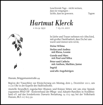 Traueranzeige von Hartmut Klerck von Husumer Nachrichten