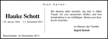 Traueranzeige von Hauke Schott von Holsteinischer Courier