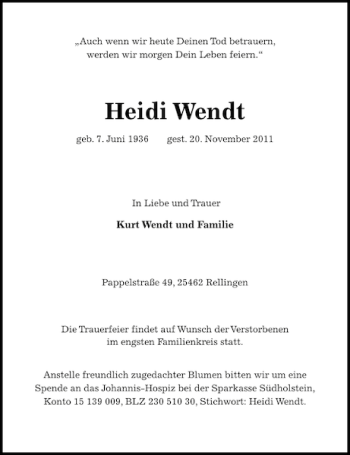 Traueranzeige von Heidi Wendt von Pinneberger Tageblatt
