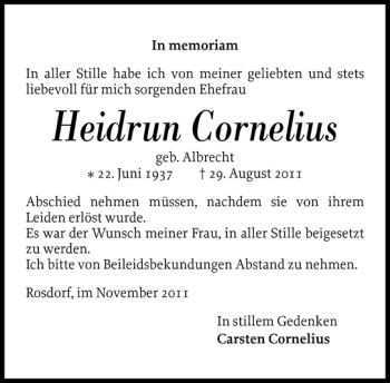 Traueranzeige von Heidrun Cornelius von Norddeutsche Rundschau